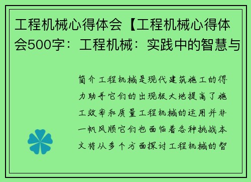工程机械心得体会【工程机械心得体会500字：工程机械：实践中的智慧与挑战】